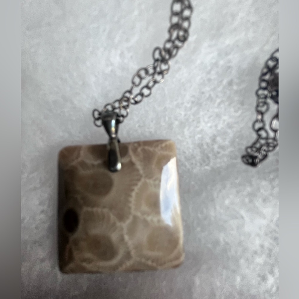 Petoskey stone square pendant with sterling silver bail necklace.